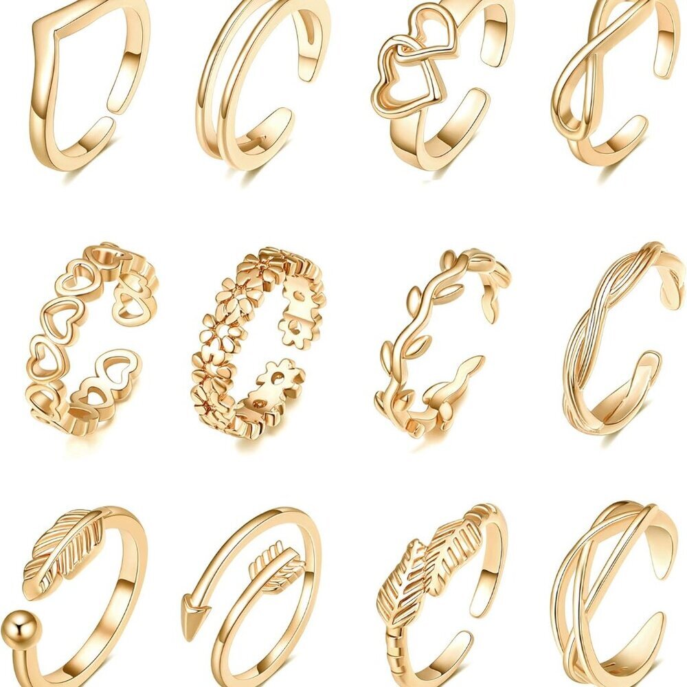 12PCS 14K Gold Plated Adjustable Toe Rings for Women Flower Arrow Band Open Tail